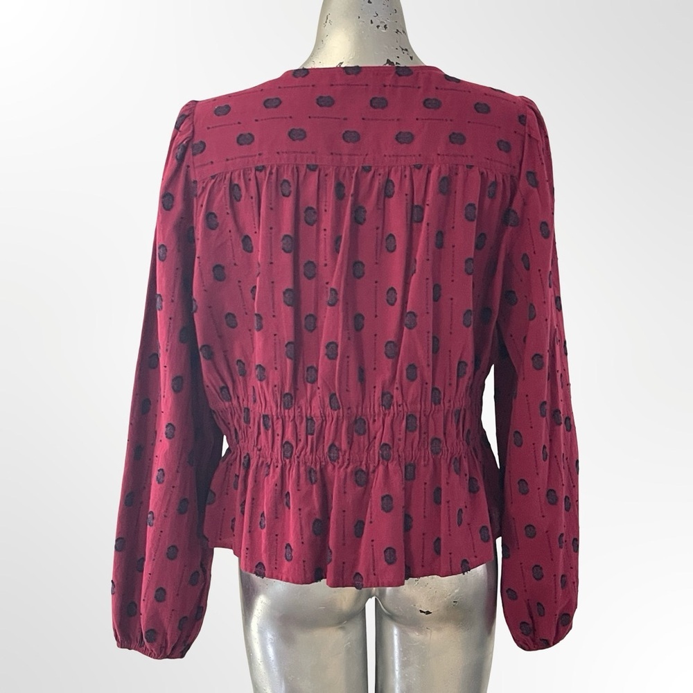 Treasure & Bond Burgundy V-Neck Polka Dot Peplum Blouse - Picture 2 of 4